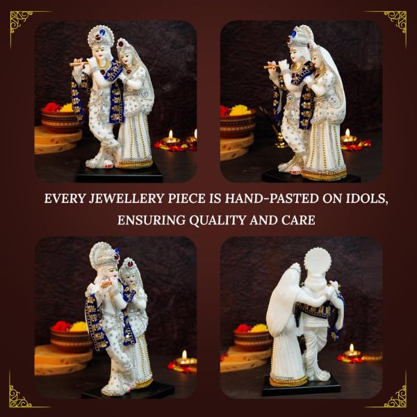 Ekhasa Aura Series Radha Krishna Marble Dust Idol (8 Inch) – White Resin Murti with Zircon Gemstone Work for Pooja, Home Temple & Spiritual Décor - Image 4