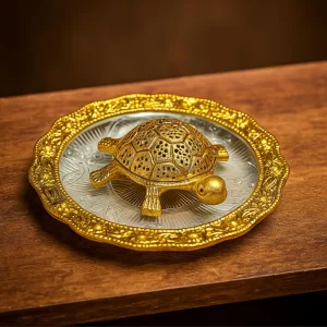 Trendy Crafts Metal Feng Shui Golden Tortoise (Kachua) on Glass Plate – Vastu Turtle Showpiece for Good Luck, Wealth & Positive Energy | Elegant Home Décor Accent for Living Room & Office