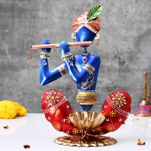CraftVatika Metal Flute Krishna Showpiece – Handpainted Home Decoration Item for Living Room, Wedding & Housewarming Gift