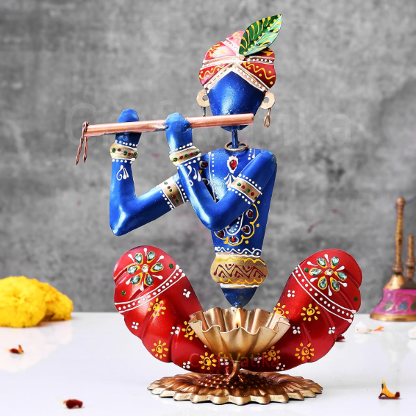 CraftVatika Metal Flute Krishna Showpiece – Handpainted Home Decoration Item for Living Room, Wedding & Housewarming Gift