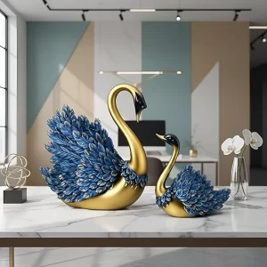 The elegant Blue Swan Pair Figurine resting beautifully on a modern entryway table.