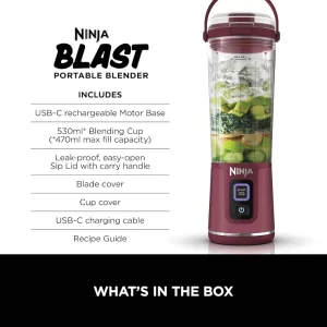 The stunning Cranberry Red Ninja Blast Portable Cordless Blender Set standing on a kitchen counter.