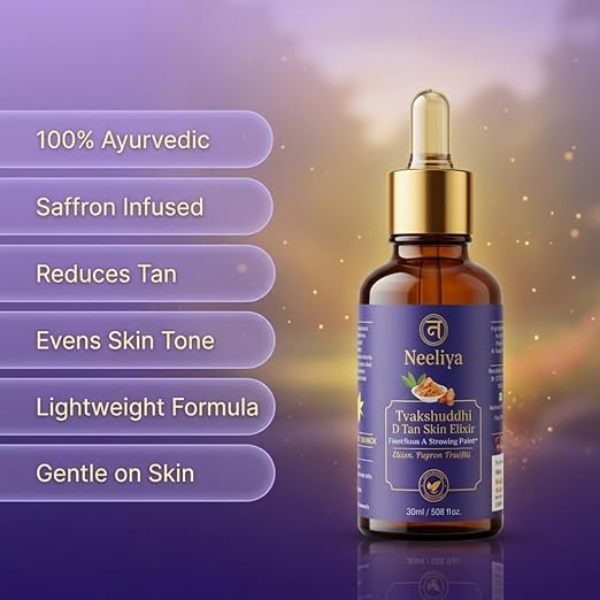Neeliya Tvakshuddhi D-Tan Face Serum (20ml) | Ayurvedic Skin Brightening Elixir for Tan Removal & Pigmentation | With Saffron, Sandalwood & Turmeric for Glowing Skin - Image 4