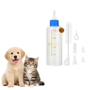 Sage Square 60ml Kitten Milk Feeding Bottle Set – Soft Silicone Nursing Bottle with Nipples & Cleaning Brush for Kittens, Puppies & Small Pets