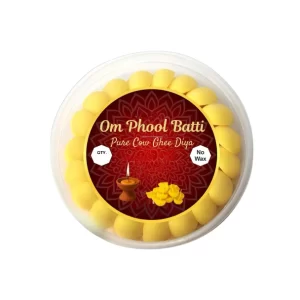 Om Phool Batti Small Size (100 Pcs) – Pure Cow Ghee Cotton Diya Wicks | Wax-Free Long Burning Vegan Wicks for Puja, Temple Aarti, Festivals & Daily Worship (Yellow)