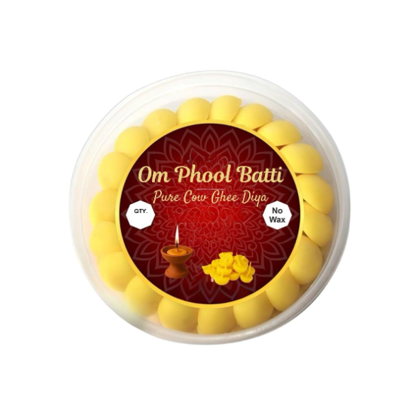Om Phool Batti Small Size (100 Pcs) – Pure Cow Ghee Cotton Diya Wicks | Wax-Free Long Burning Vegan Wicks for Puja, Temple Aarti, Festivals & Daily Worship (Yellow)