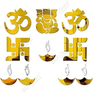 Bikri Kendra Ganesha with Om Swastika Diyas 3D Acrylic Decorative Mirror Wall Sticker (Golden), Pack of 8