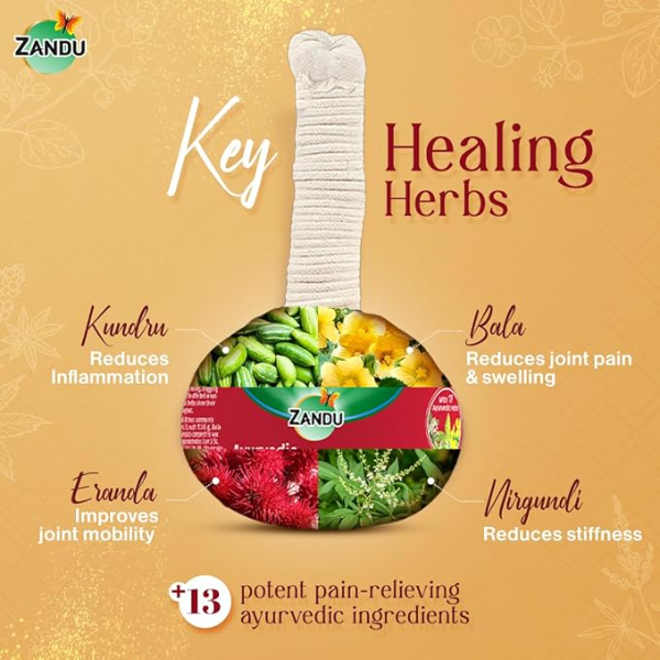 Zandu Ayurvedic Pain Relief Potli (180g) | Herbal Heat Therapy Massager for Knee, Back & Neck Pain | Reduces Swelling & Improves Blood Flow | Infused with 17 Potent Herbs - Image 3