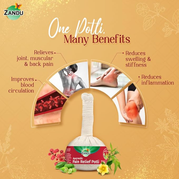 Zandu Ayurvedic Pain Relief Potli (180g) | Herbal Heat Therapy Massager for Knee, Back & Neck Pain | Reduces Swelling & Improves Blood Flow | Infused with 17 Potent Herbs - Image 4