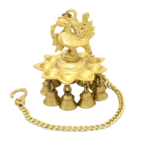 Handcrafted Brass Hanging Peacock Diya with Bells – Antique Yellow Pooja Oil Lamp with Chain for Home Temple & Décor