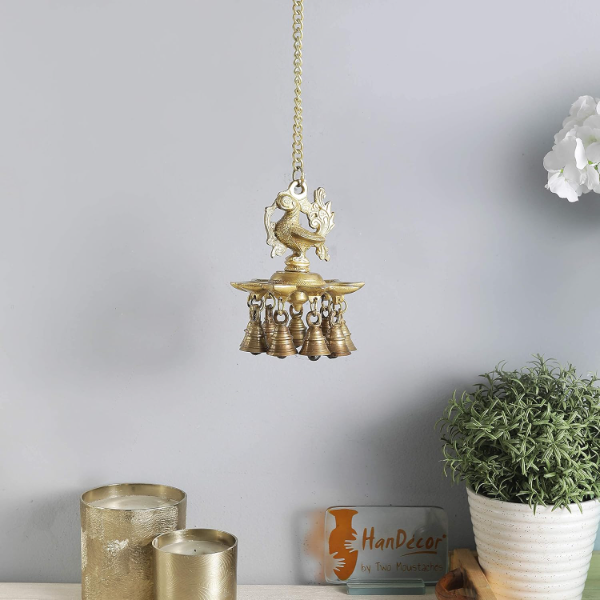 Handcrafted Brass Hanging Peacock Diya with Bells – Antique Yellow Pooja Oil Lamp with Chain for Home Temple & Décor - Image 2