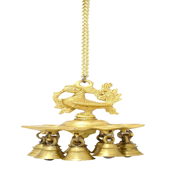 Handcrafted Brass Hanging Peacock Diya with Bells – Antique Yellow Pooja Oil Lamp with Chain for Home Temple & Décor - Image 3
