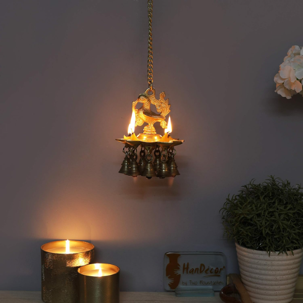 Handcrafted Brass Hanging Peacock Diya with Bells – Antique Yellow Pooja Oil Lamp with Chain for Home Temple & Décor - Image 4