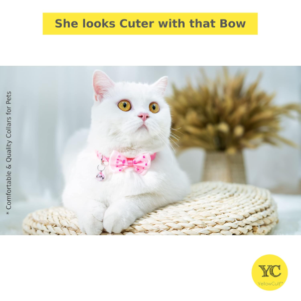 YellowCult Fancy Pet Collar for Cats & Dogs – Comfortable Bow Collar with Bell & Safety Buckle for Puppies, Small Dogs & Rabbits (Lady Pink) - Image 2