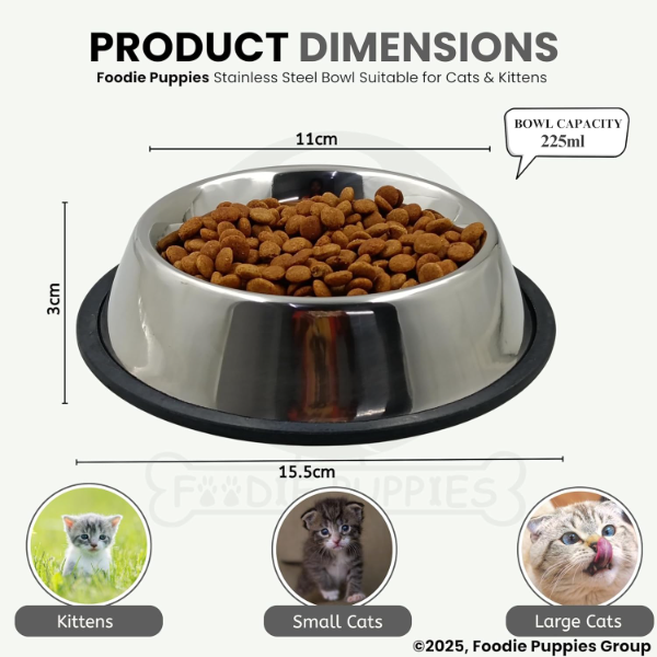 Foodie Puppies Stainless Steel Pet Feeder Bowl 225ml – Non-Slip Rubber Base Food & Water Bowl for Cats, Dogs, Rabbits, Hamsters & Puppies - Image 2