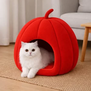 Zexsazone Summer Pumpkin Cat House – Portable 2-in-1 Washable Cat Cave Bed with Removable Cushion for Cats, Kittens, Puppies & Rabbits (Red)