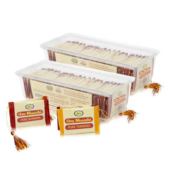 100-piece traditional Om Shanthi Haldi Kumkum gift set available in the USA.