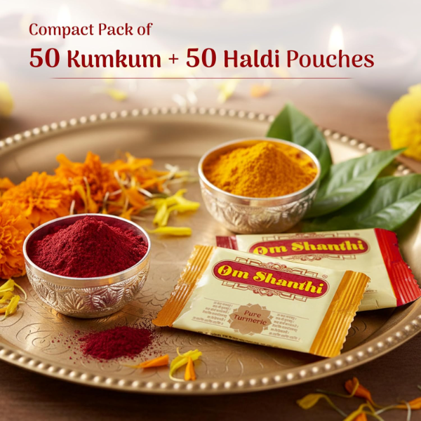 Cycle Pure Om Shanthi Haldi Kumkum Return Gift Set – 100 Pieces (Pack of 2 x 50) | Traditional Tambula Pouch with Kumkum & Turmeric for Weddings, Pooja & Religious Ceremonies | Spiritual Return Gifts - Image 2