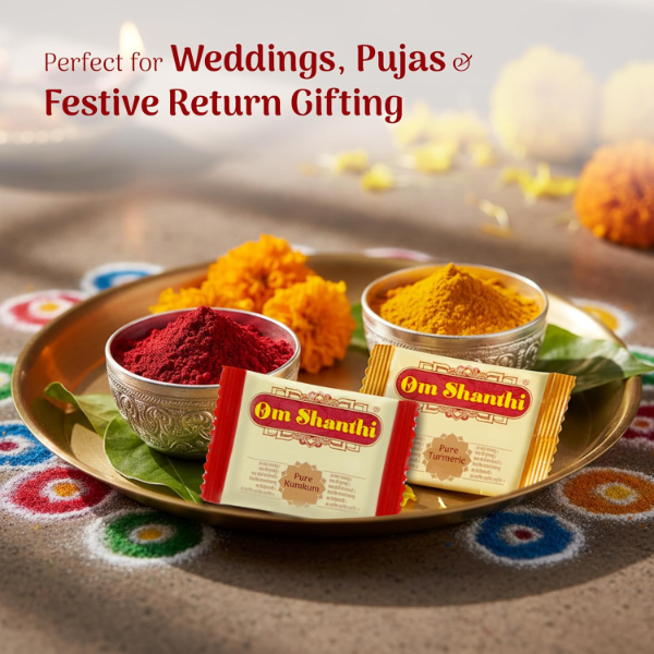 Cycle Pure Om Shanthi Haldi Kumkum Return Gift Set – 100 Pieces (Pack of 2 x 50) | Traditional Tambula Pouch with Kumkum & Turmeric for Weddings, Pooja & Religious Ceremonies | Spiritual Return Gifts - Image 3