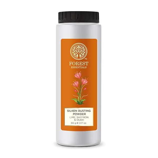 Forest Essentials Silken Dusting Powder – Lime, Saffron & Oudh | Talc-Free Natural Body Powder with Corn Starch & Cocoa Butter | Absorbent & Softening Skin Treatment | 100g