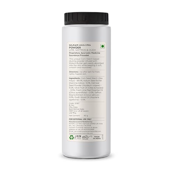 Forest Essentials Silken Dusting Powder – Lime, Saffron & Oudh | Talc-Free Natural Body Powder with Corn Starch & Cocoa Butter | Absorbent & Softening Skin Treatment | 100g - Image 2