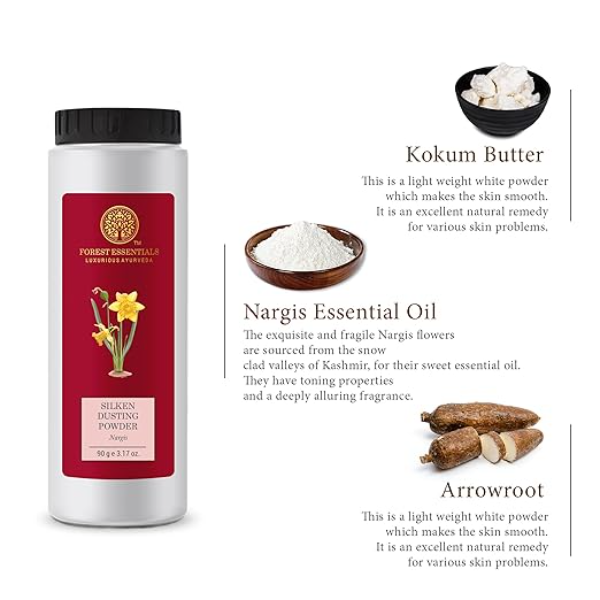Forest Essentials Silken Dusting Powder – Nargis | Talc-Free Natural Body Powder with Corn Starch & Cocoa Butter | Absorbent Floral Treatment for Soft Skin | 100g - Image 3