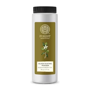 Forest Essentials Silken Dusting Powder – Oudh & Green Tea | Talc-Free Natural Body Powder with Corn Starch & Cocoa Butter | Refreshing & Absorbent Skin Treatment | 100g