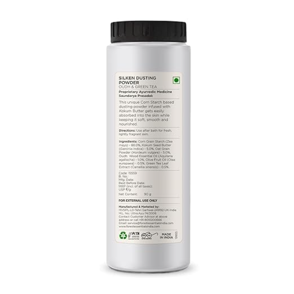 Forest Essentials Silken Dusting Powder – Oudh & Green Tea | Talc-Free Natural Body Powder with Corn Starch & Cocoa Butter | Refreshing & Absorbent Skin Treatment | 100g - Image 2