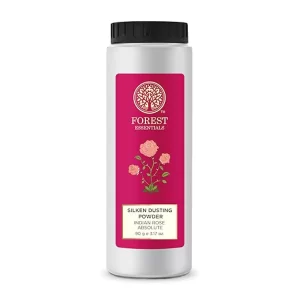 Forest Essentials Silken Dusting Powder – Indian Rose | Talc-Free Natural Body Powder with Corn Starch & Cocoa Butter | Absorbent & Softening Rose Treatment | 100g