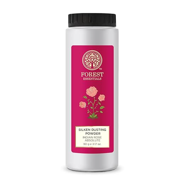 Forest Essentials Silken Dusting Powder – Indian Rose | Talc-Free Natural Body Powder with Corn Starch & Cocoa Butter | Absorbent & Softening Rose Treatment | 100g