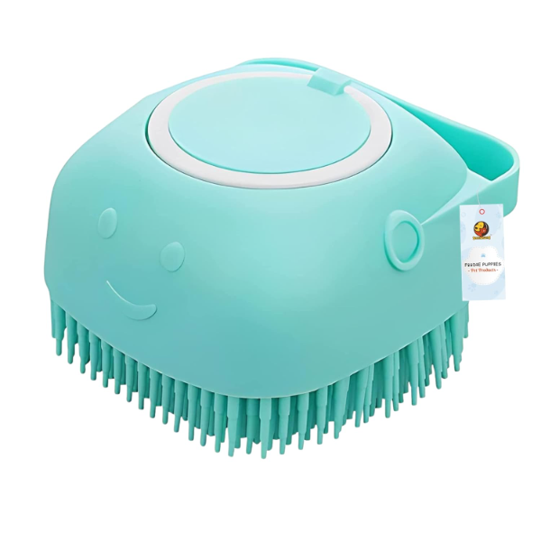 Foodie Puppies silicone dog bath brush with built-in shampoo dispenser for efficient pet bathing