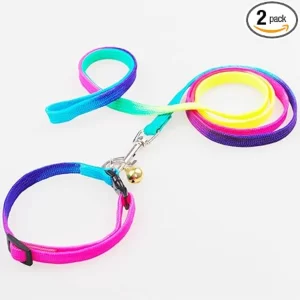 YellowCult Rainbow Leash & Collar Set for Small Dogs, Puppies, Cats & Rabbits – Adjustable Nylon Collar with Metal Hook, 7 Vibrant Colors for Small Pets"