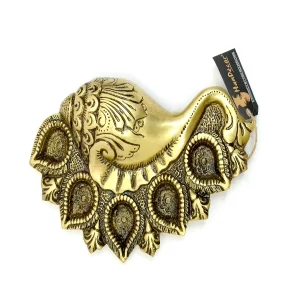 "Two Moustaches 100% Pure Brass Shankh Design Oil Diya with 5 Wicks – Traditional Brass Lamp for Home Decor, Pooja & Festive Occasions, Pack of 1"