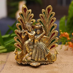 Collectible India Radha Krishna Idol with Peacock Design & Diya – Gold Metal Showpiece for Puja & Home Décor (7 x 5 Inch, 1 Piece)