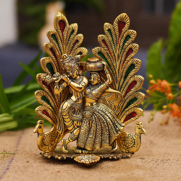 7x5 inch Radha Krishna idol with peacock USA home decor.