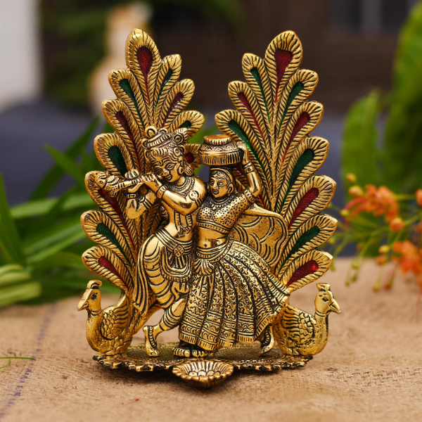 Collectible India Radha Krishna Idol with Peacock Design & Diya – Gold Metal Showpiece for Puja & Home Décor (7 x 5 Inch, 1 Piece) - Image 2