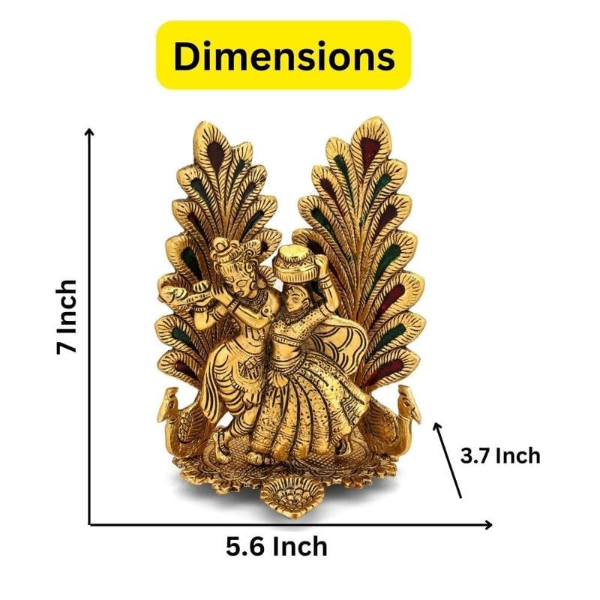 Collectible India Radha Krishna Idol with Peacock Design & Diya – Gold Metal Showpiece for Puja & Home Décor (7 x 5 Inch, 1 Piece) - Image 3