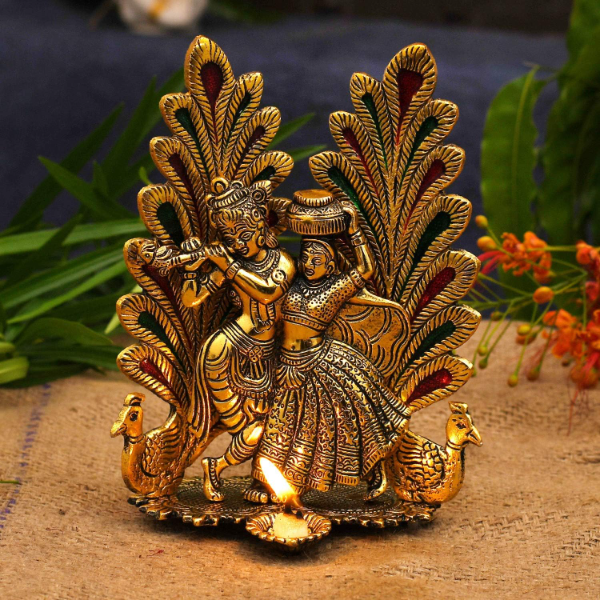 Collectible India Radha Krishna Idol with Peacock Design & Diya – Gold Metal Showpiece for Puja & Home Décor (7 x 5 Inch, 1 Piece) - Image 4