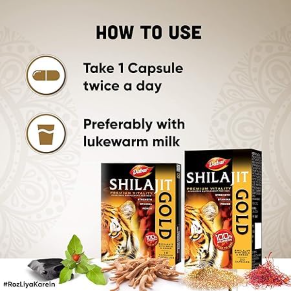Dabur Shilajit Gold Capsules – Ayurvedic Supplement for Men’s Strength, Stamina & Vitality | 20 Capsules - Image 3