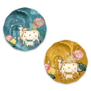 Artvibes Sacred Cow Pichwai Art Round MDF Wooden Wall Décor Set of 2 – Handcrafted Indian Wall Art Prints, Aesthetic Hanging for Living Room & Home Décor, Spiritual Gift Item (WH_8813NN)