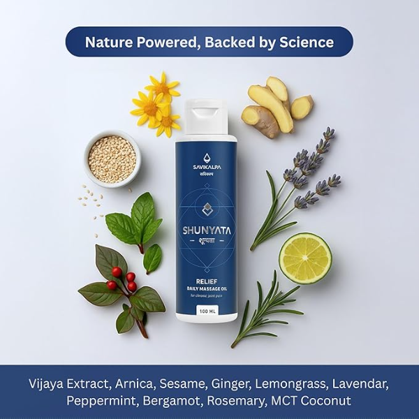 Savikalpa Shunyata Pain Relief Oil (100ml) | Ayurvedic Massage Oil for Joint, Knee, Back & Sciatica Relief | Infused with Arnica, Ginger & 10 Essential Oils | Fast-Absorbing & Non-Greasy - Image 2
