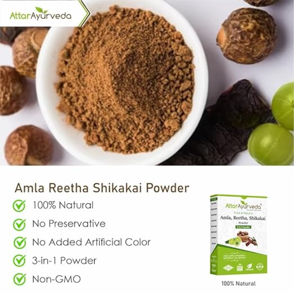 Attar Ayurveda Amla Reetha Shikakai Powder Kit – 100% Natural Hair Cleanser & Conditioner | Sulfate-Free Shampoo Alternative for Hair Growth | No SLS, No Parabens | Pure & Organic - Image 3
