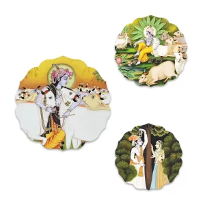 Krishna-Inspired Wooden Wall Art Set (3 Pieces) – Handcrafted MDF Round Decor with Sacred Cow Motif | Aesthetic Living Room Wall Posters | Spiritual Home Accent | Unique Gift Idea for Art Lovers