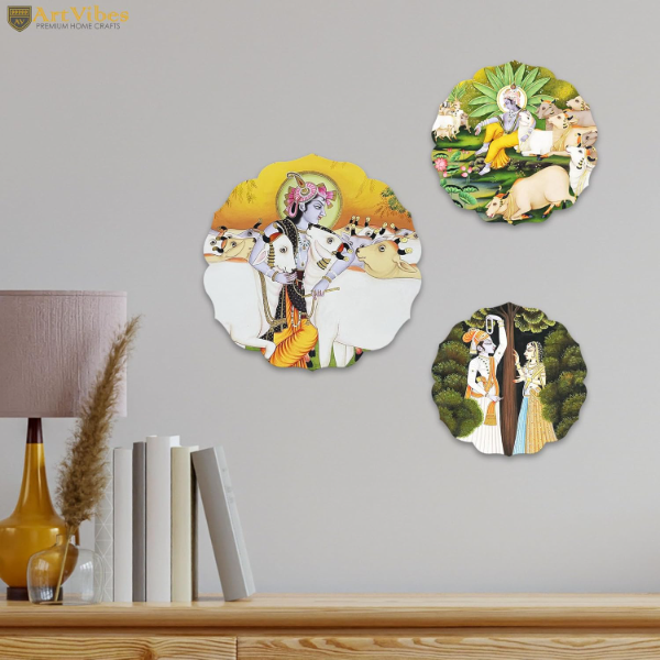 Krishna-Inspired Wooden Wall Art Set (3 Pieces) – Handcrafted MDF Round Decor with Sacred Cow Motif | Aesthetic Living Room Wall Posters | Spiritual Home Accent | Unique Gift Idea for Art Lovers - Image 2