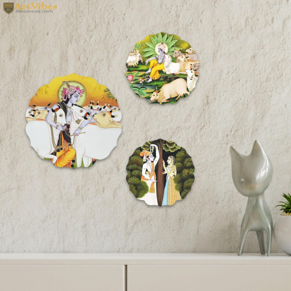 Krishna-Inspired Wooden Wall Art Set (3 Pieces) – Handcrafted MDF Round Decor with Sacred Cow Motif | Aesthetic Living Room Wall Posters | Spiritual Home Accent | Unique Gift Idea for Art Lovers - Image 3