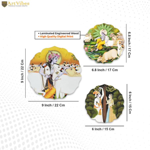 Krishna-Inspired Wooden Wall Art Set (3 Pieces) – Handcrafted MDF Round Decor with Sacred Cow Motif | Aesthetic Living Room Wall Posters | Spiritual Home Accent | Unique Gift Idea for Art Lovers - Image 4