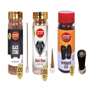 Shyam Charan Premium Dhoop Sticks, Sambrani Cups & Cones Set (Pack of 3 Jars) – Blackstone & Guggal Fragrance for Puja, Meditation, Havan & Spiritual Rituals