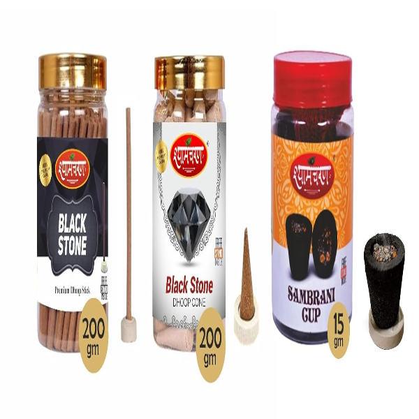 Shyam Charan Premium Dhoop Sticks, Sambrani Cups & Cones Set (Pack of 3 Jars) – Blackstone & Guggal Fragrance for Puja, Meditation, Havan & Spiritual Rituals