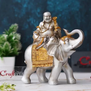 eCraftIndia Silver & Gold Finish Laughing Buddha Sitting on Elephant – Lucky Resin Showpiece for Home Decor, Living Room & Bedroom | Feng Shui Good Luck & Wealth Idol | Thoughtful Gift for Birthday & Friendship Day
