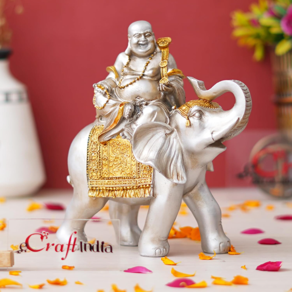 eCraftIndia Silver & Gold Finish Laughing Buddha Sitting on Elephant – Lucky Resin Showpiece for Home Decor, Living Room & Bedroom | Feng Shui Good Luck & Wealth Idol | Thoughtful Gift for Birthday & Friendship Day - Image 2